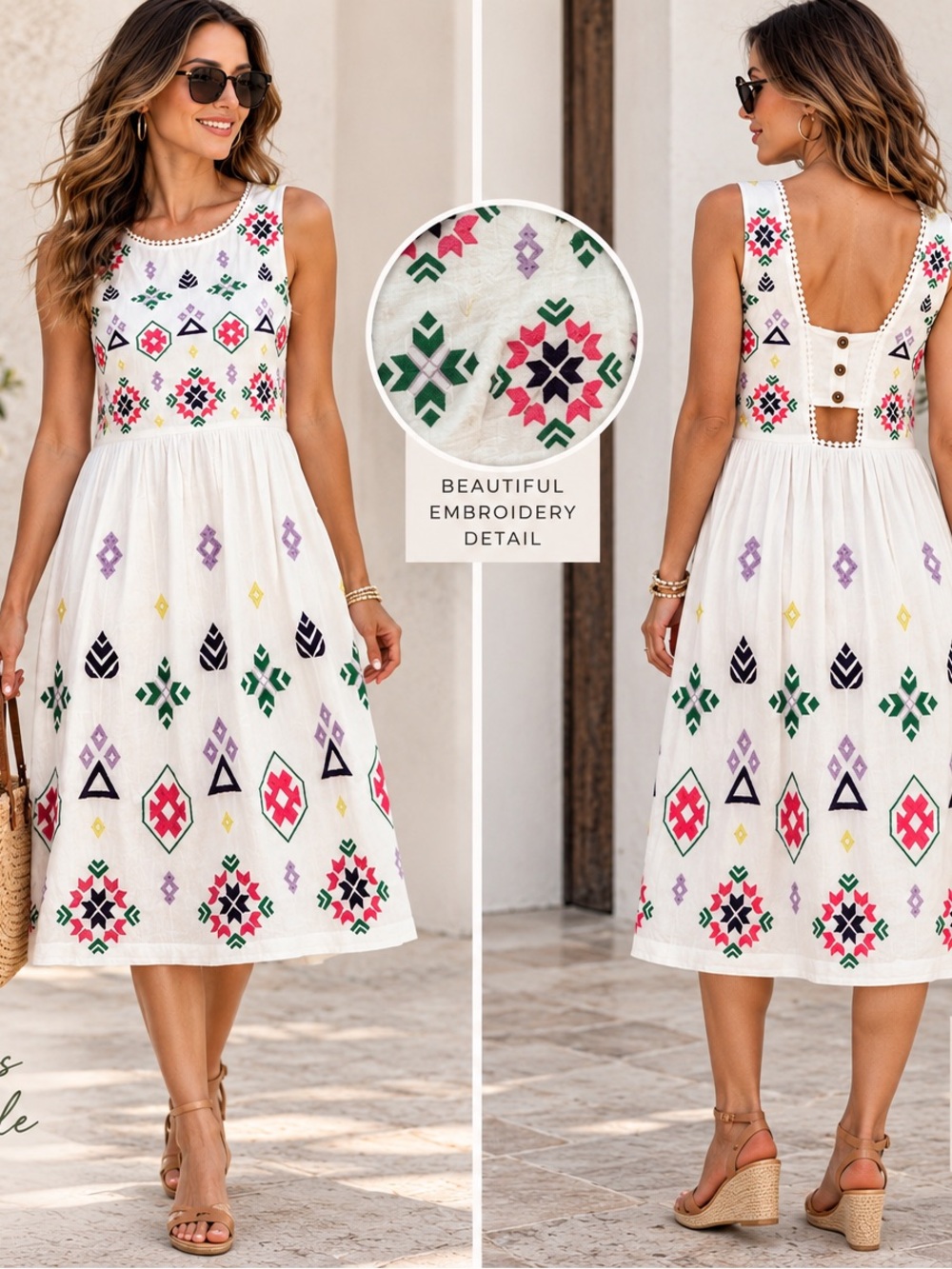 Anthropologie Dolly Embroidered White Cotton Midi Dress Small Boho Folk Art